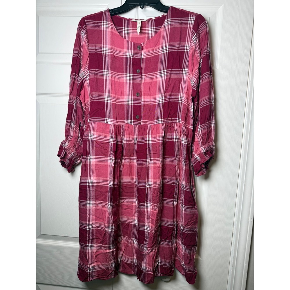 Matilda Jane Women Pink Plaid Babydoll Dress 3/4 Sleeve Rayon Medium